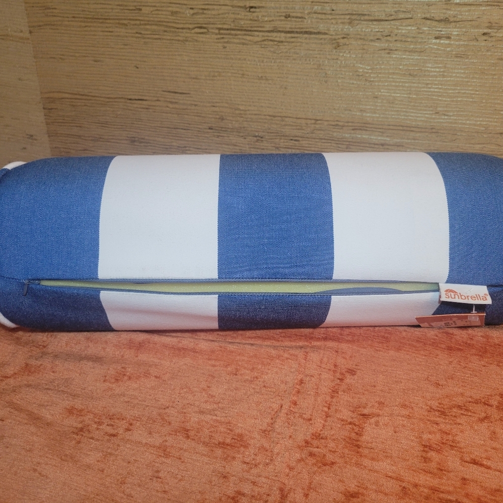 New Outdoor Sunbrella Neck Roll Bolster Pillow Water Resistant Blue & White - Picture 6 of 16
